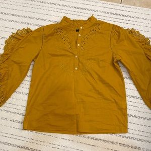 J Crew mustard blouse with lacy ruffly sleeves